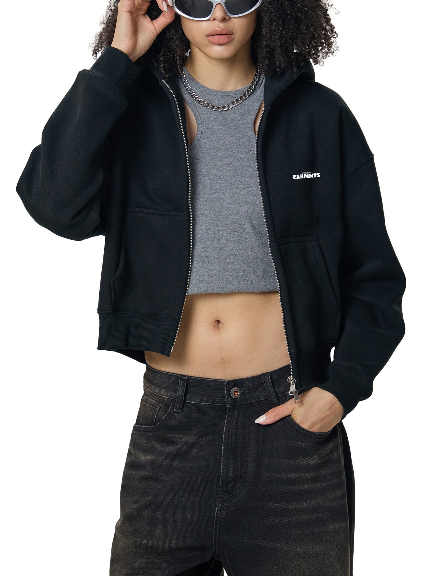ESSNTIAL ELEMNTS Women's Fleeced Zip-Up Cropped Hoodie