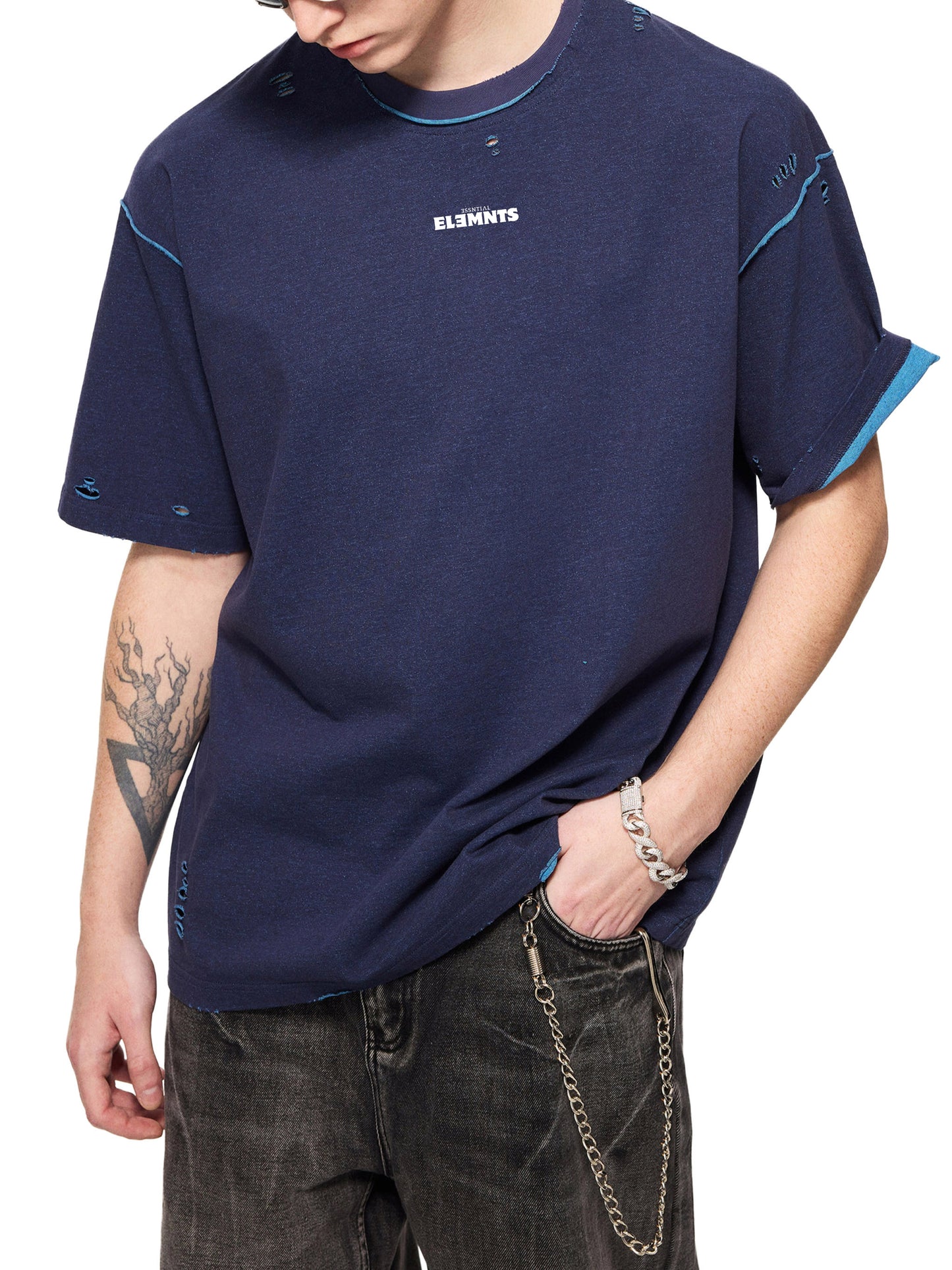 ESSNTIAL ELEMNTS Unisex Hand-frayed Reversible Tee