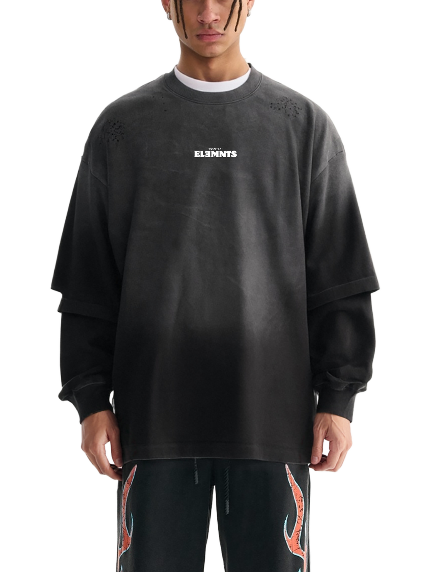 ESSNTIAL ELEMNTS Unisex 250G Sunfade Hand-Frayed Faux Two-Piece Tee
