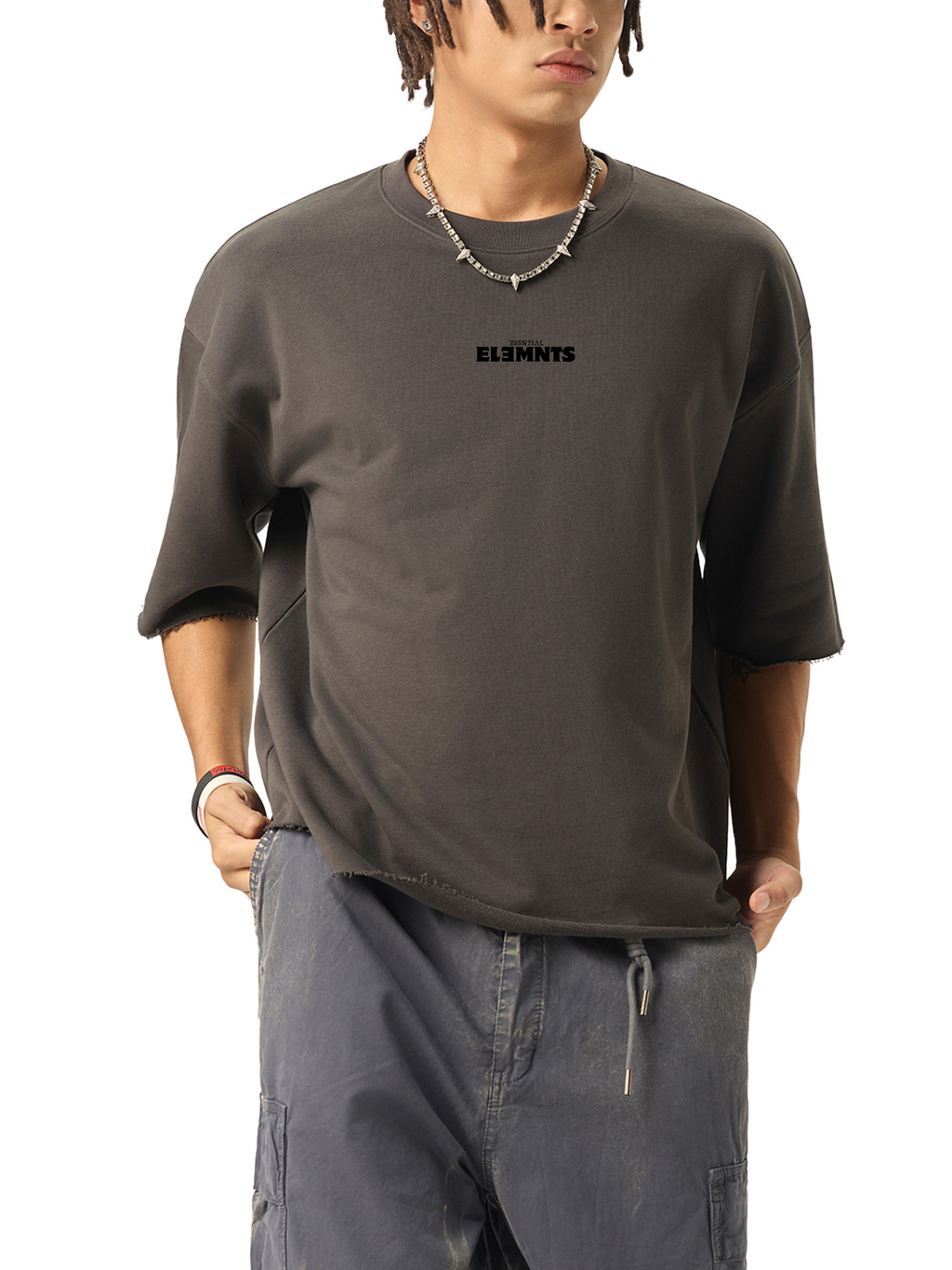 ESSNTIAL ELEMNTS 280G Boxy Half-Sleeve Raw-Edge Tee