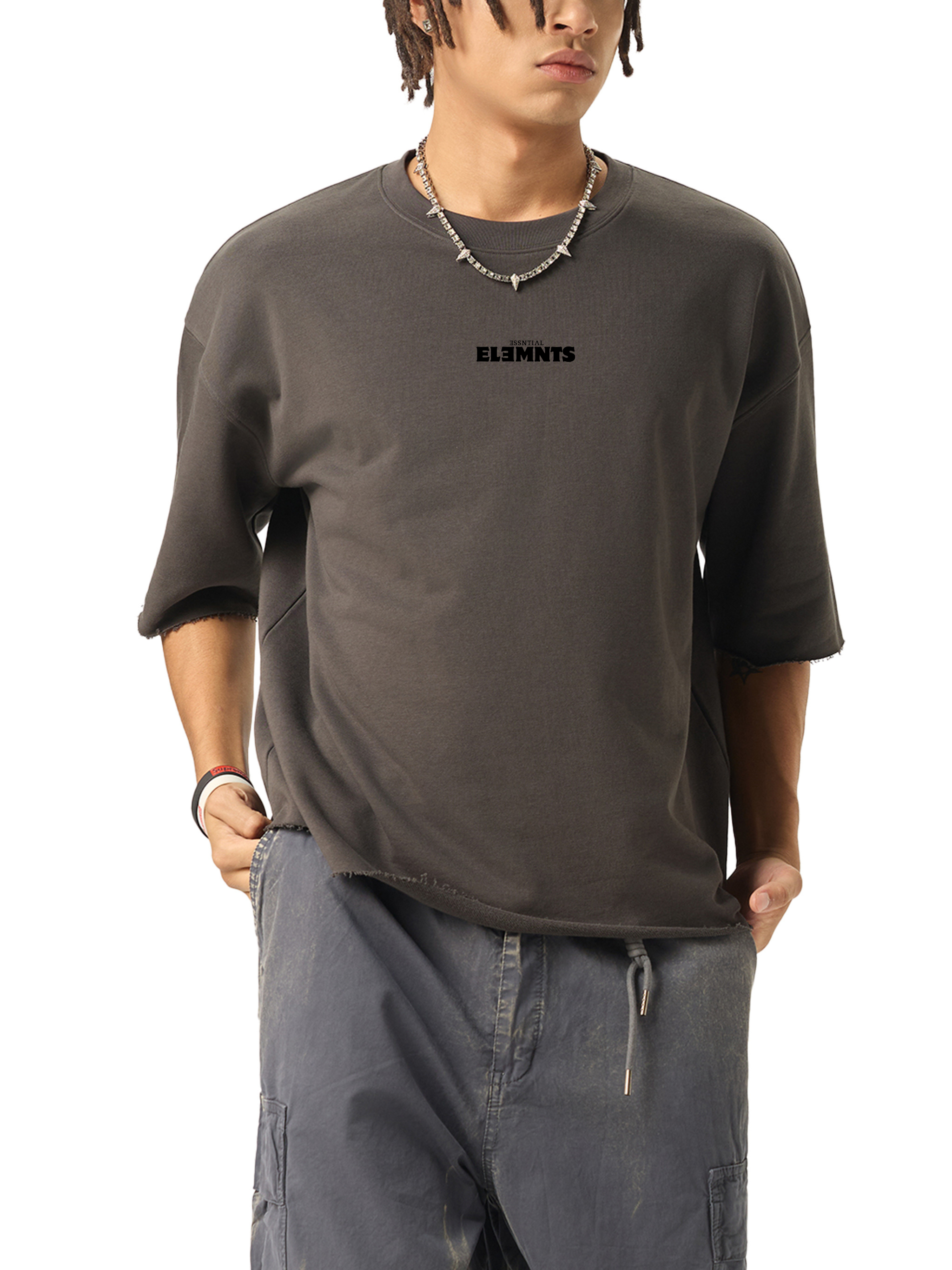 ESSNTIAL ELEMNTS 280G Boxy Half-Sleeve Raw-Edge Tee