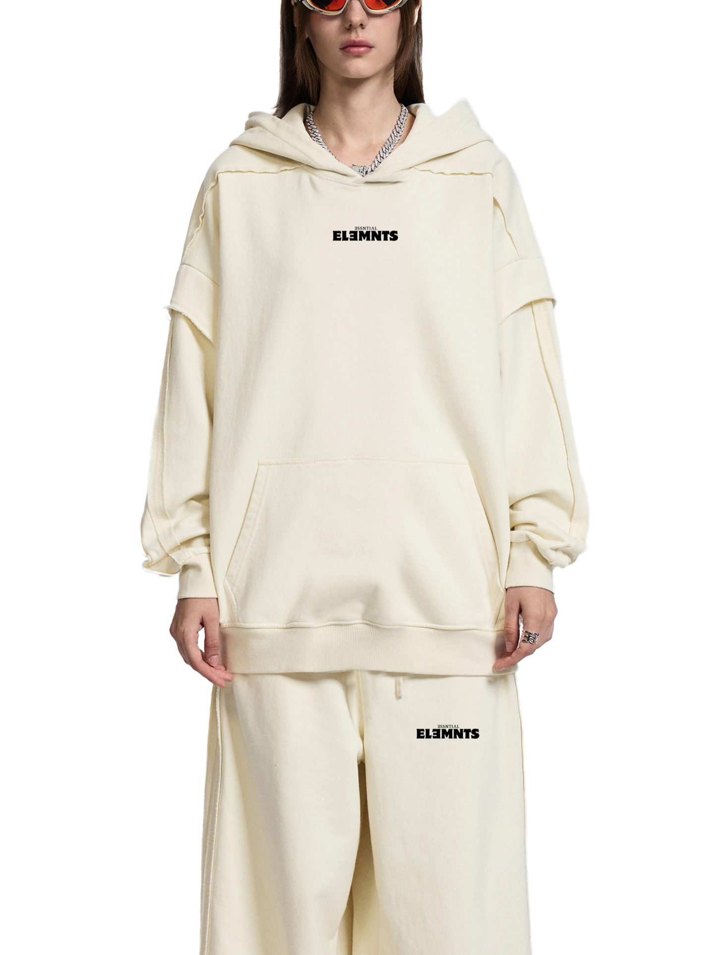 ESSNTIAL ELEMNTS Unisex 350G Contrast Tape Raw Edge Double Layered Hoodie