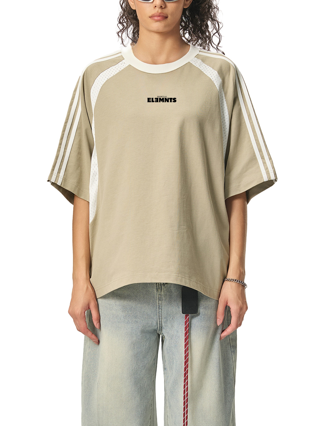 ESSNTIAL ELEMNTS 260G Contrast Stripes Panel Mesh Tee