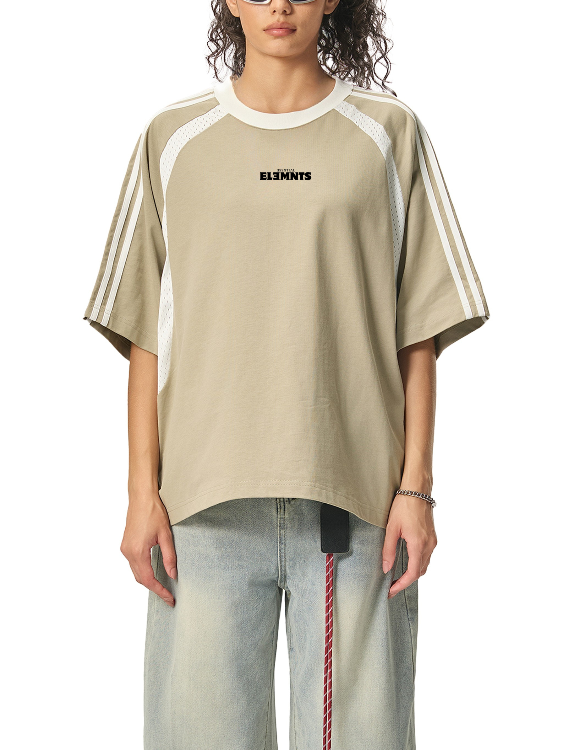ESSNTIAL ELEMNTS 260G Contrast Stripes Panel Mesh Tee