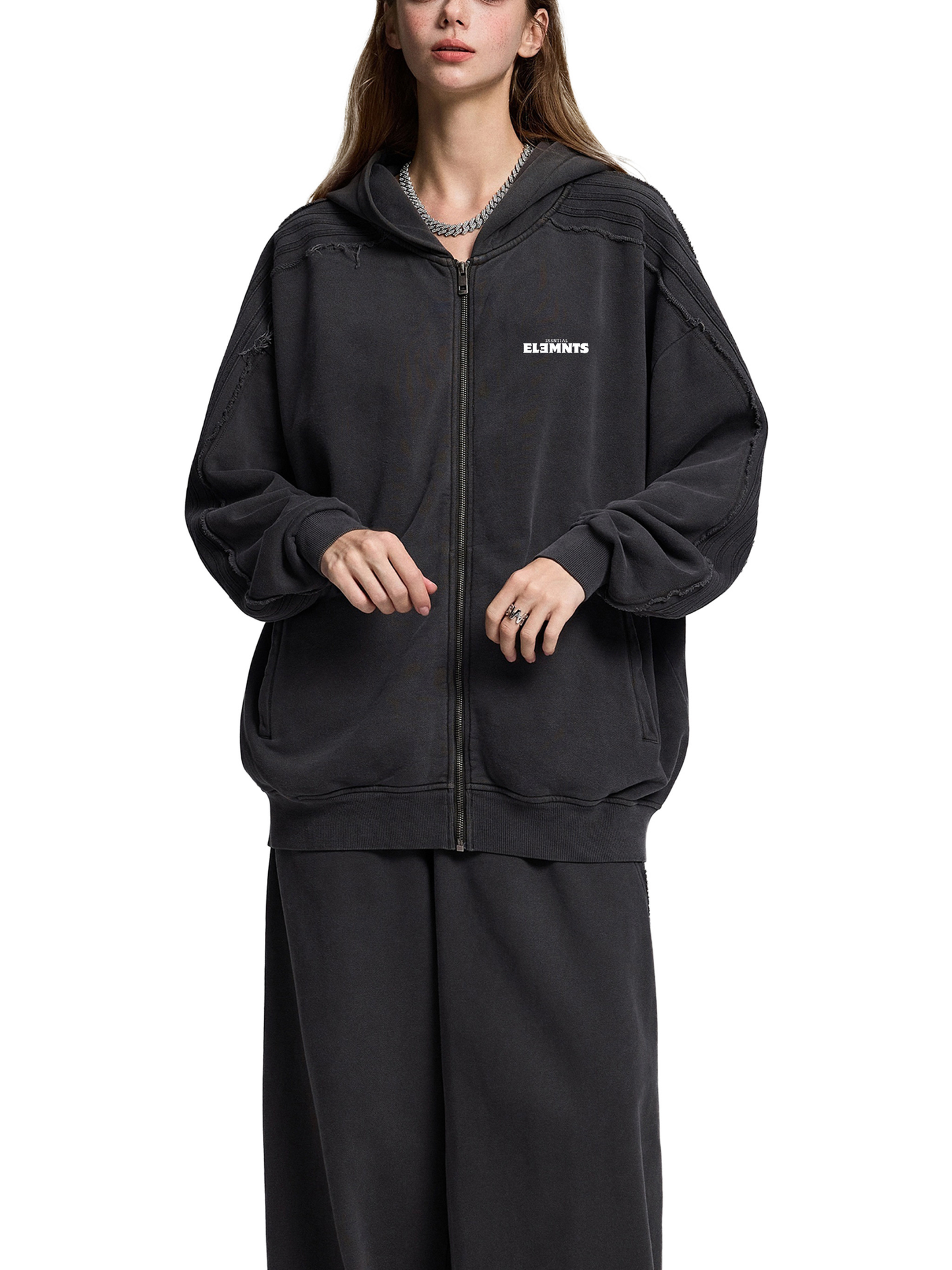 ESSNTIAL ELEMNTS Unisex 420G Snow-Washed Tape Raw-Edge Zip Hoodie