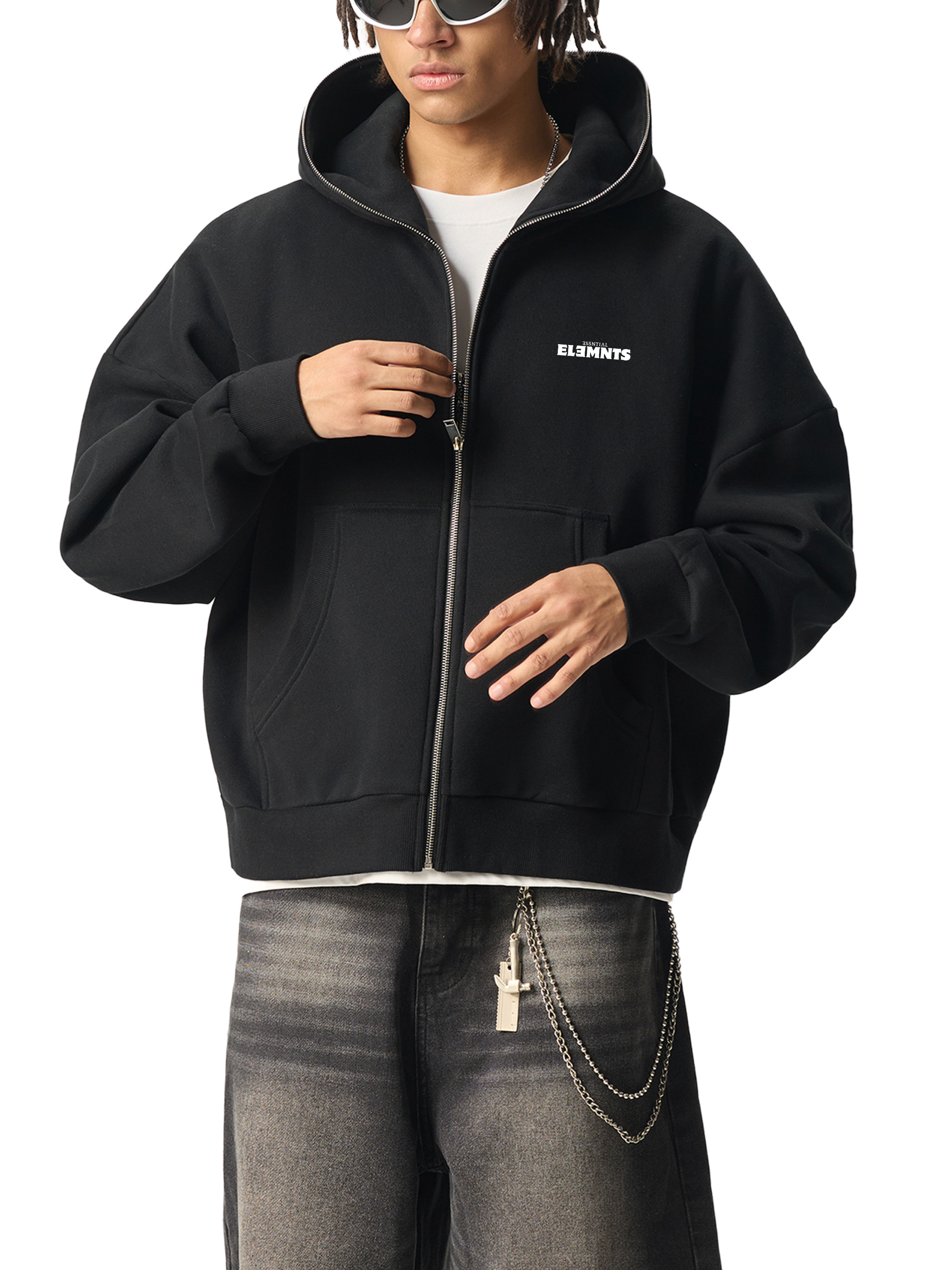 ESSNTIAL ELEMNTS 350G Fleeced Full-Zip Boxy Hoodie - Essntial Elemnts