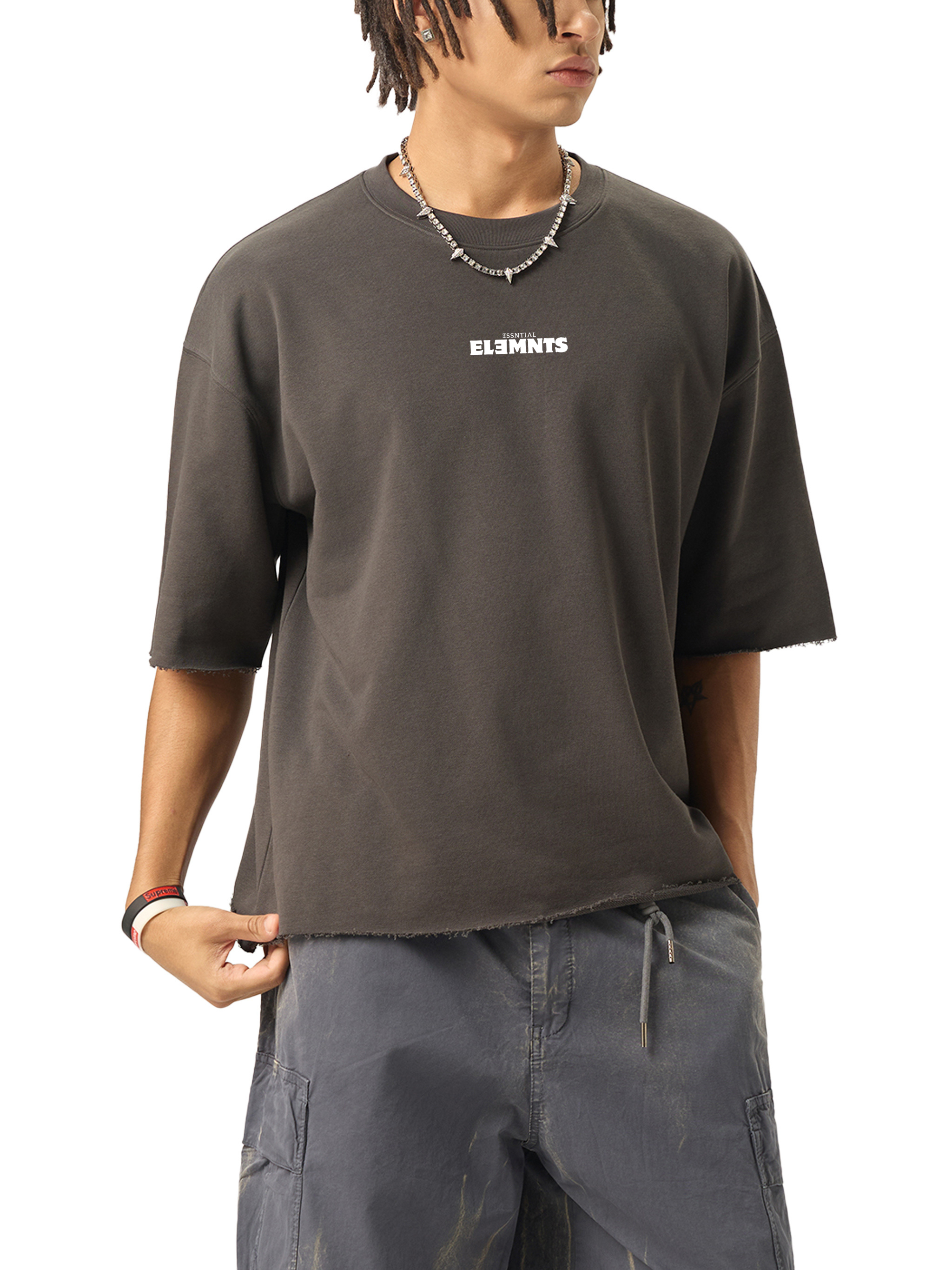 ESSNTIAL ELEMNTS Unisex 280G Boxy Half-Sleeve Raw-Edge Tee - Essntial Elemnts