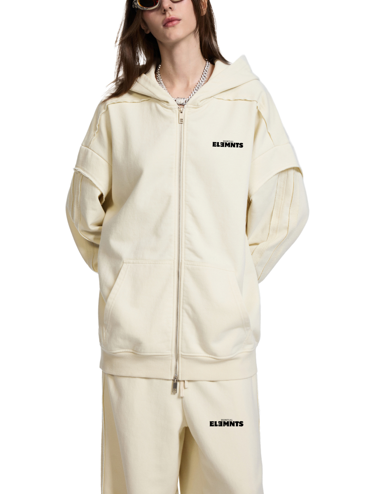 ESSNTIAL ELEMNTS Unisex 450G Contrast Tape Raw Edge Double Layered Zip Hoodie