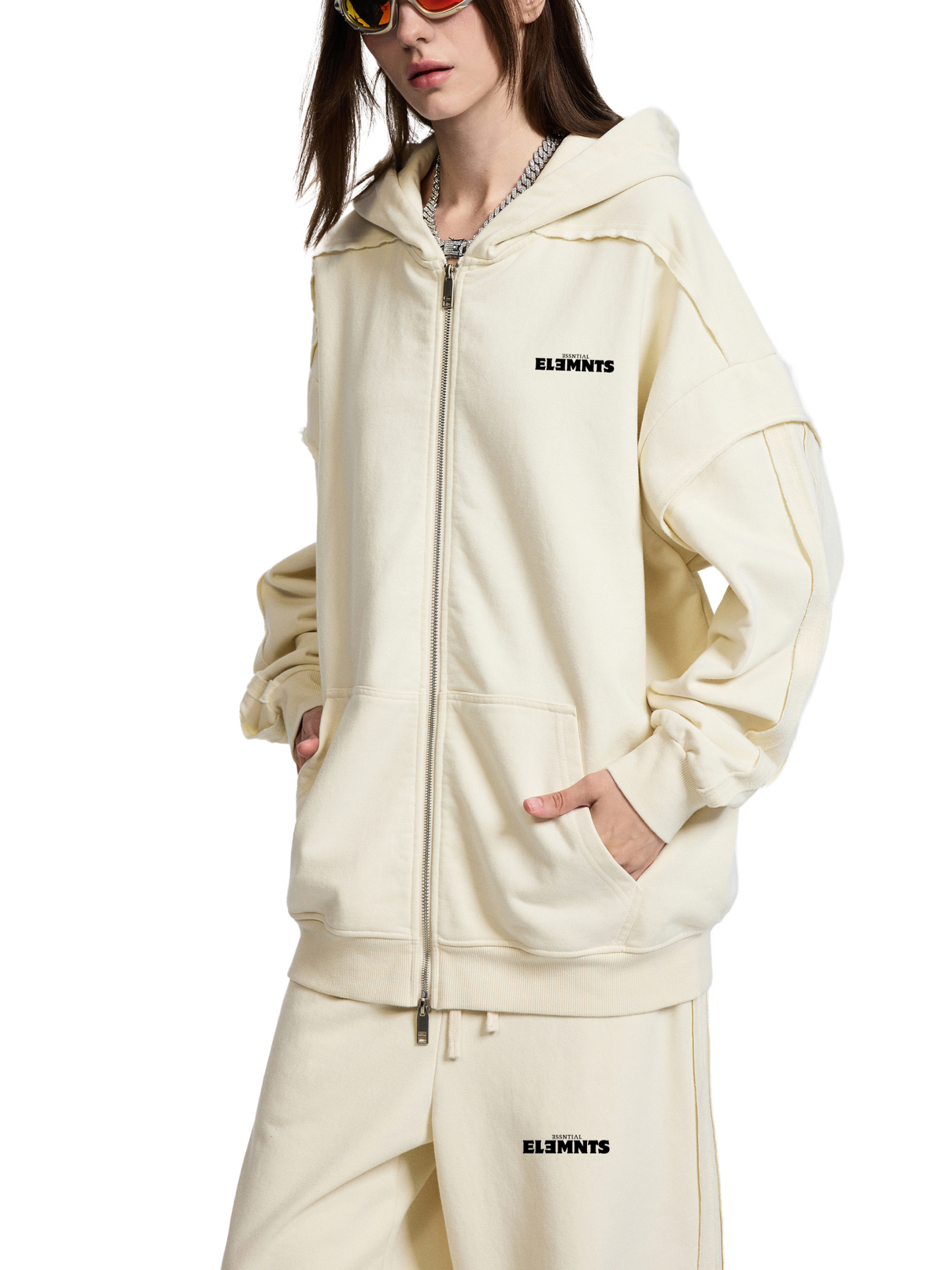 ESSNTIAL ELEMNTS Unisex 450G Contrast Tape Raw Edge Double Layered Zip Hoodie