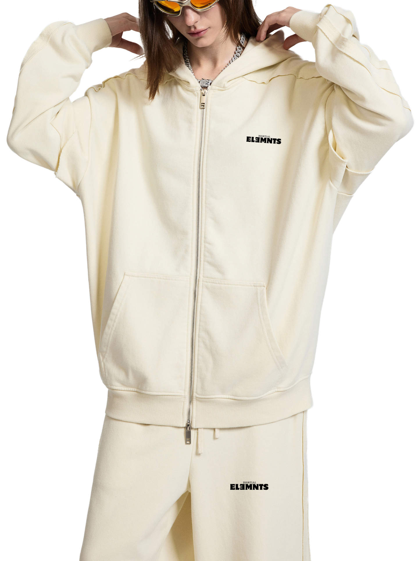 ESSNTIAL ELEMNTS Unisex 450G Contrast Tape Raw Edge Double Layered Zip Hoodie