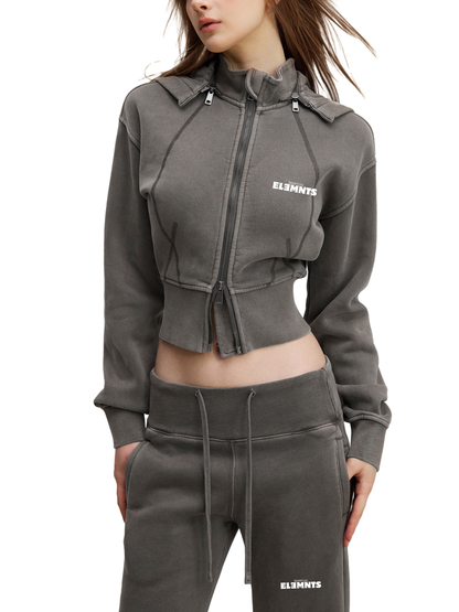 ESSNTIAL ELEMNTS Women's 400G Vintage Washed Cropped Fleece Hoodie