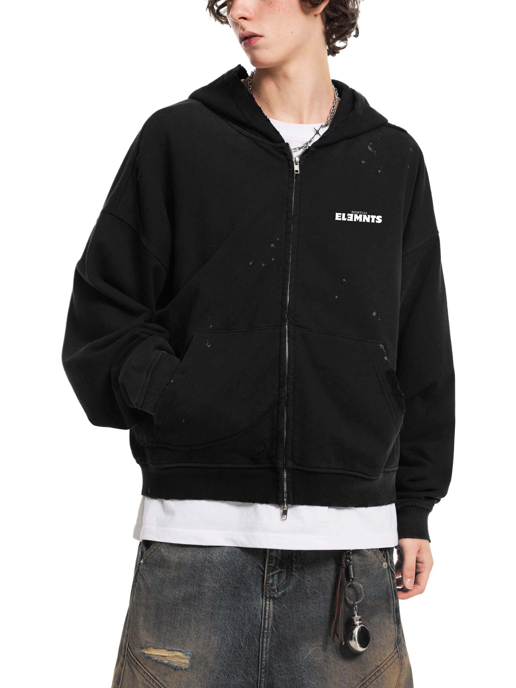ESSNTIAL ELEMNTS Unisex 404G Sun-Fade Frayed Raw-Edge Fleece Zip Hoodie - Essntial Elemnts