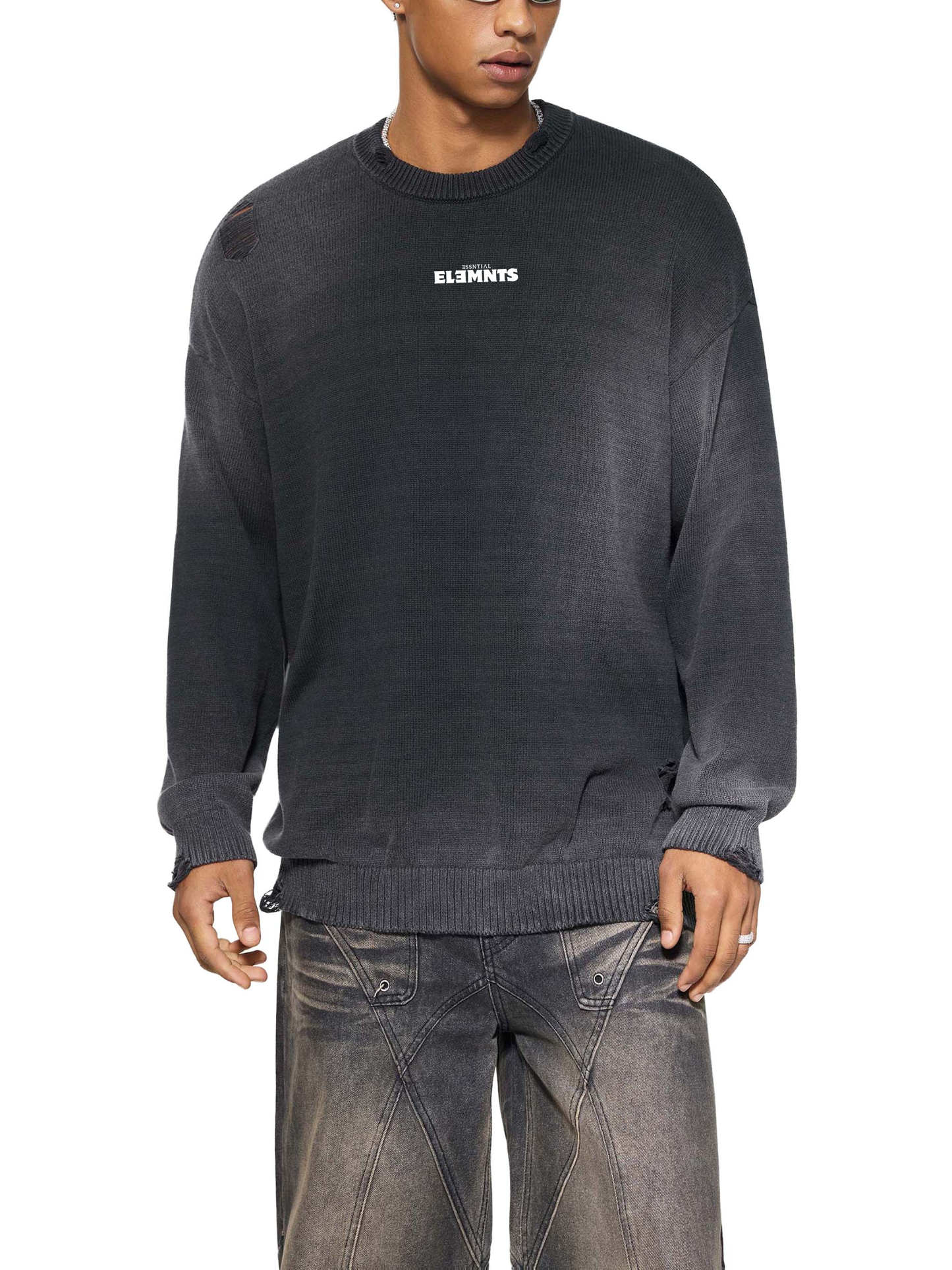 ESSNTIAL ELEMNTS Unisex 425G Sun Fade Distressed Ripped Crewneck sweater - Essntial Elemnts