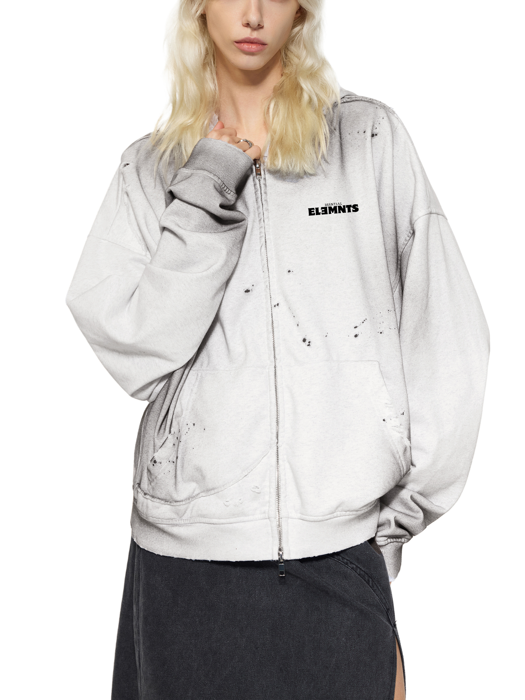 ESSNTIAL ELEMNTS Unisex 404G Sun-Fade Frayed Raw-Edge Fleece Zip Hoodie - Essntial Elemnts