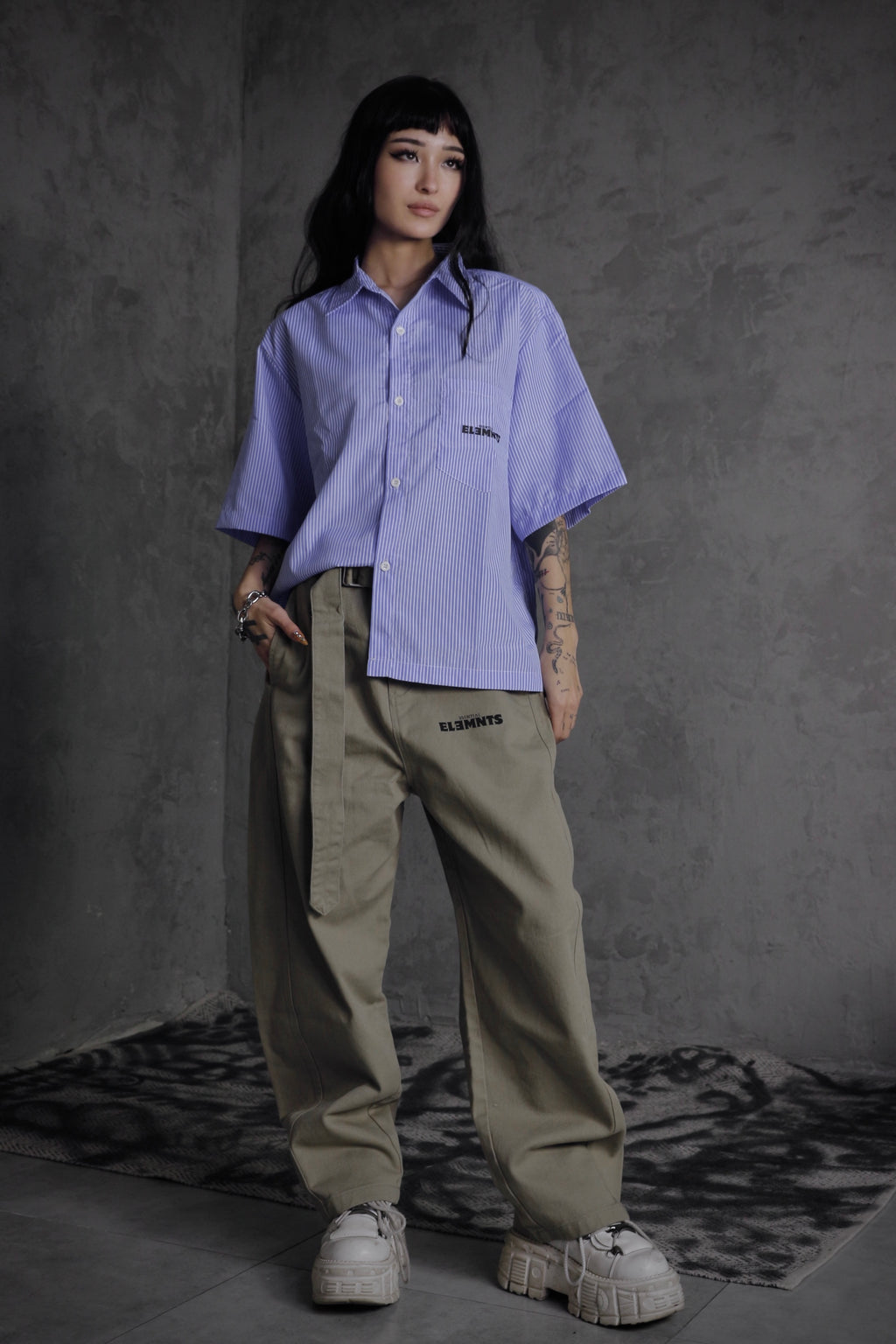 ESSNTIAL ELEMNTS OTS. Unisex 100G Oversized Vertical-Stripe Boxy Shirt - Essntial Elemnts