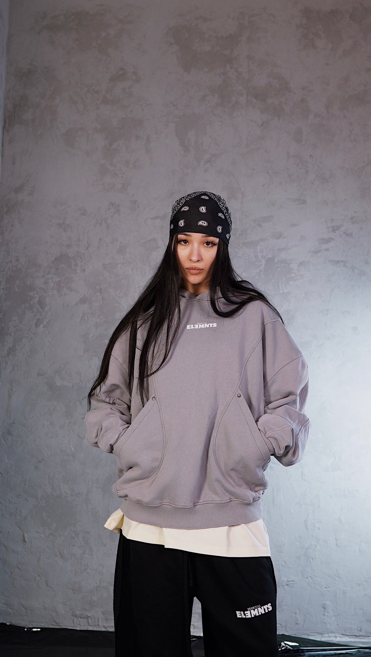 ESSNTIAL ELEMNTS WH Unisex 420G Snow Washed Distressed Panel Pocket Hoodie - Essntial Elemnts