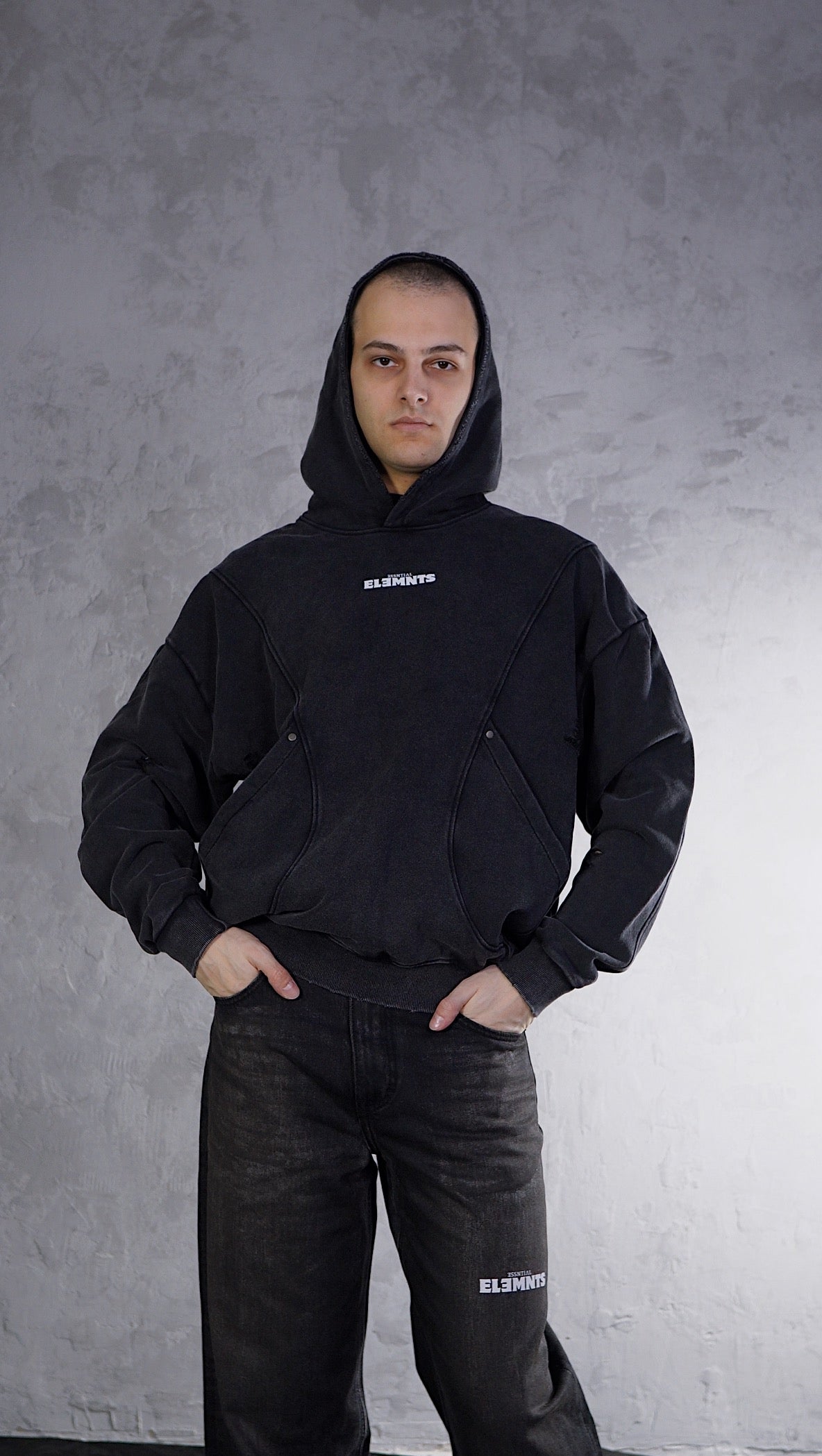 ESSNTIAL ELEMNTS WH Unisex 420G Snow Washed Distressed Panel Pocket Hoodie - Essntial Elemnts