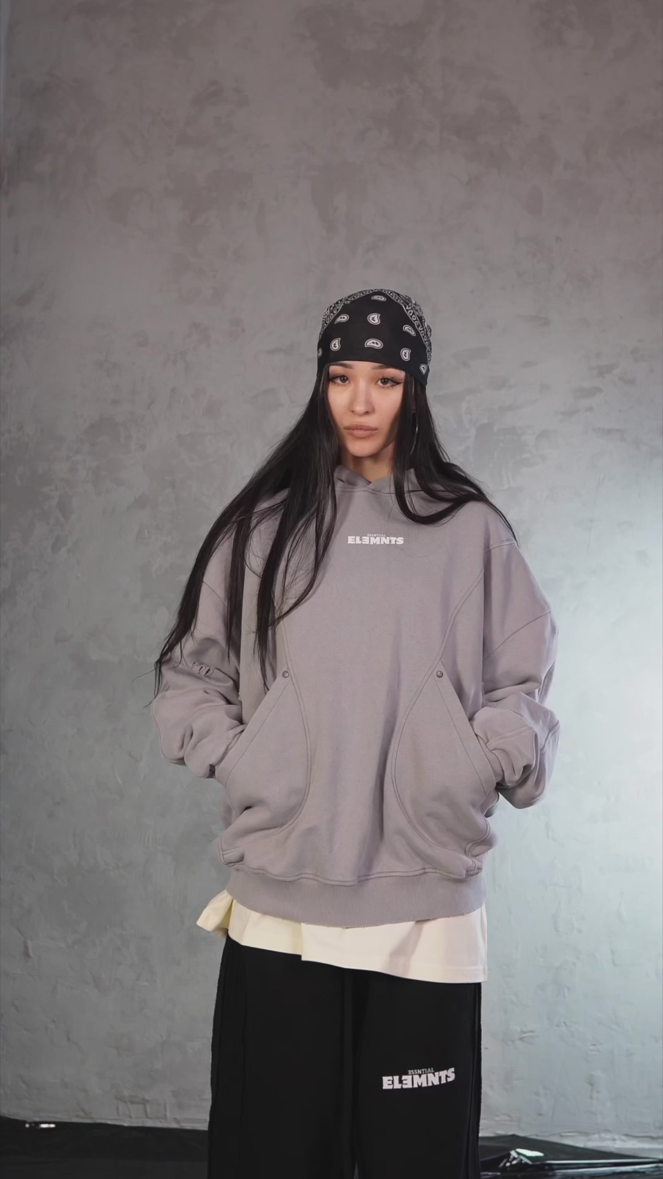 ESSNTIAL ELEMNTS WH 420G Snow Washed Distressed Panel Pocket Hoodie