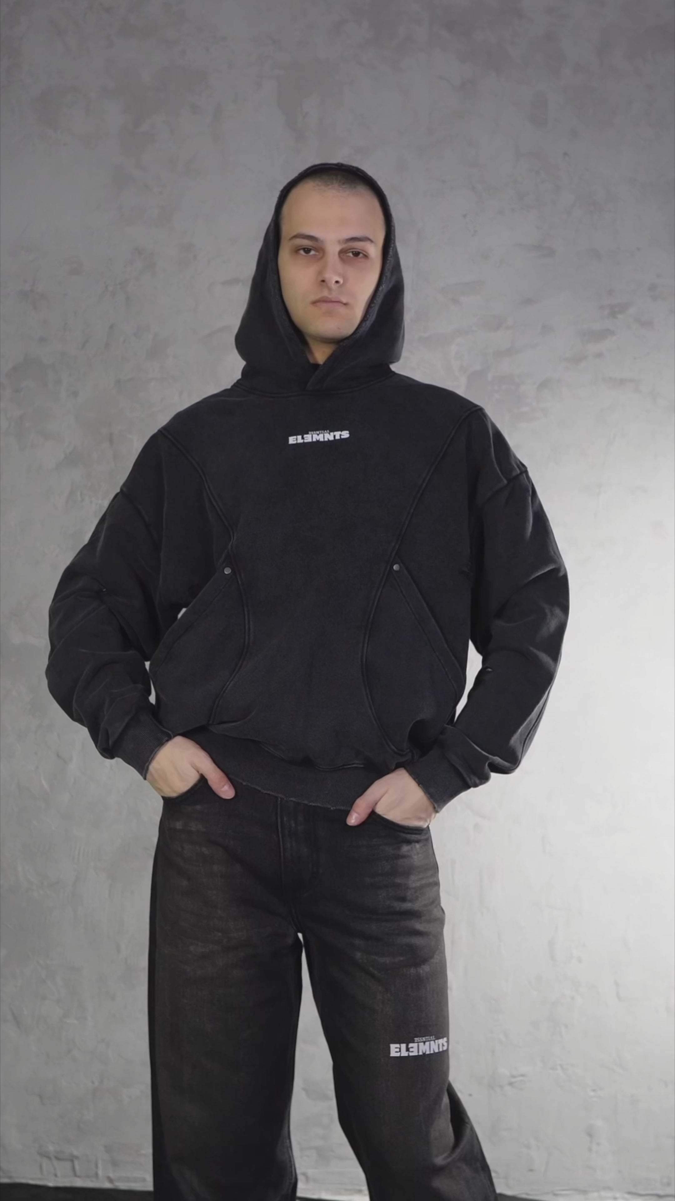 ESSNTIAL ELEMNTS WH 420G Snow Washed Distressed Panel Pocket Hoodie